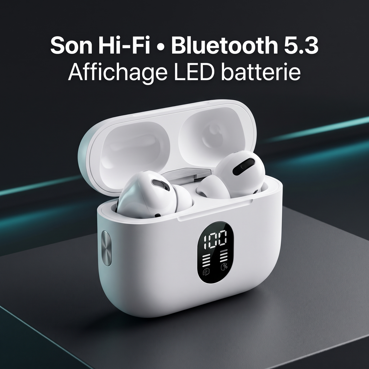 AirPods KHB gros plan boîtier avec affichage LED