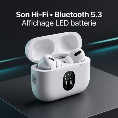 AirPods KHB gros plan boîtier avec affichage LED